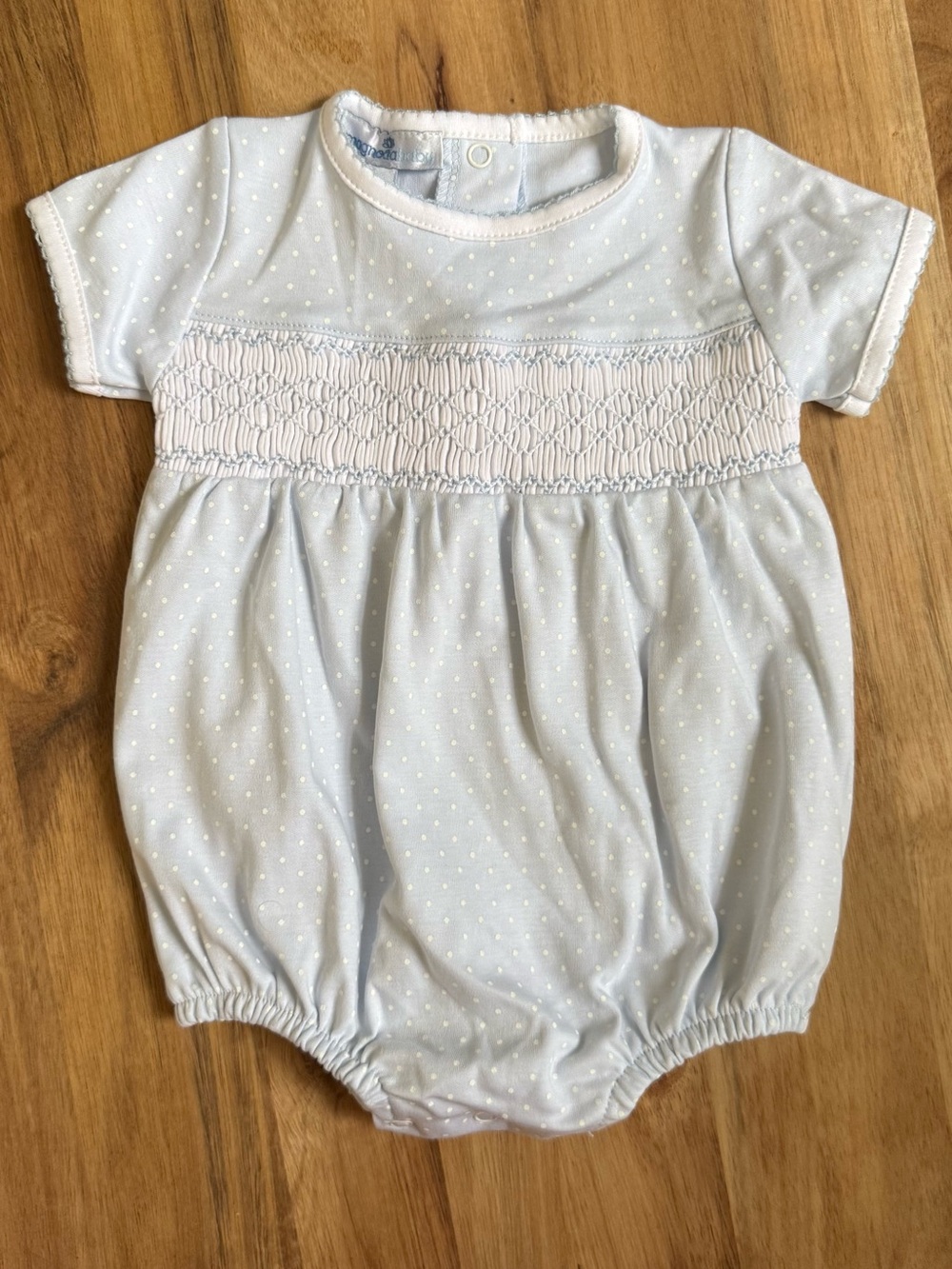 Magnolia Baby Smocked Light Blue Polka Dot Baby Bubble